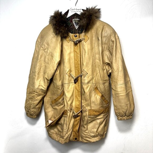 Vintage 90s Marvin Richards Leather Coat Faux Fur Hood Grandmacore Boho USA Made - Picture 1 of 14